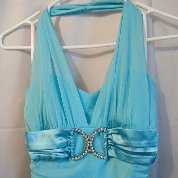 TABOO Formal Dress sz M Chiffon Midi Halter Aqua Blue sexy Wedding Prom Stretch! - Picture 5 of 11